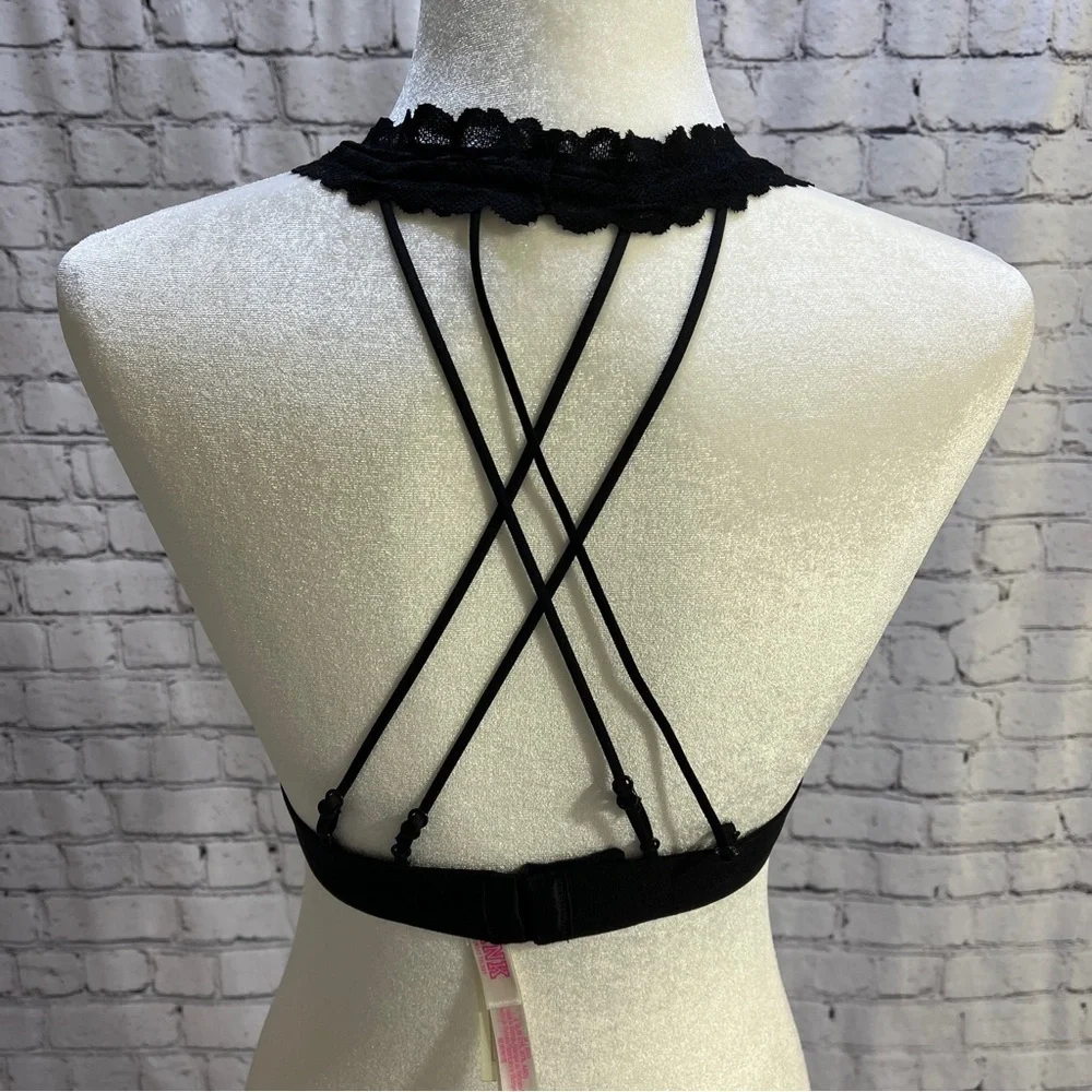 Victoria’s Secret PINK Black Lace Bralette Criss Cross Back M NWOT
